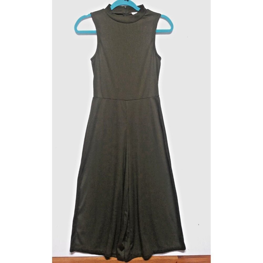 YADO Womens Jumpsuit WIDE LEG palazzo S/M sleeveless Olive green high neck EUC